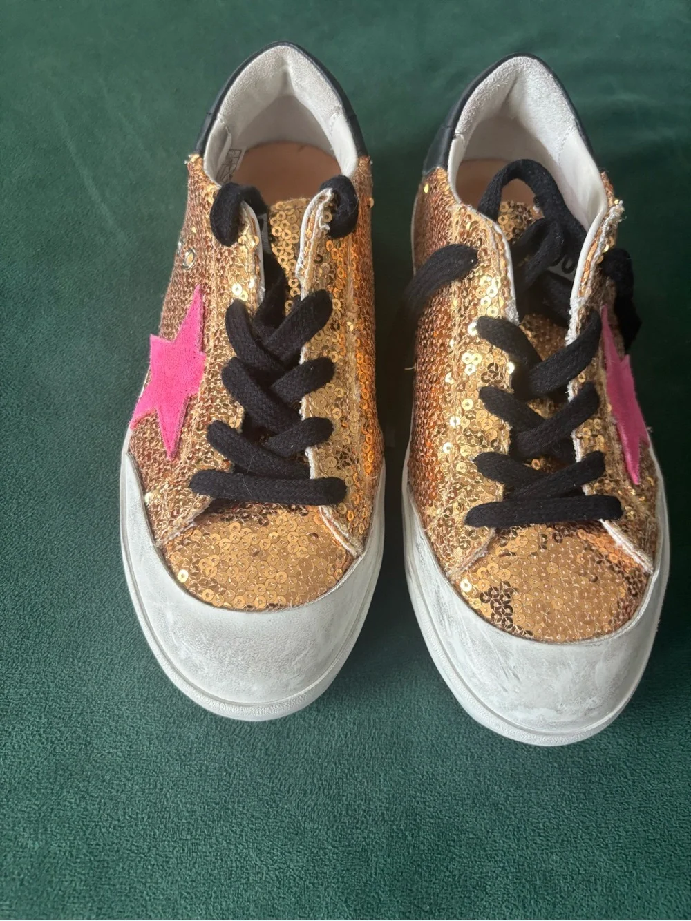 Golden Goose Kids Gold Sequin Sneakers with Pink Star and Black Laces